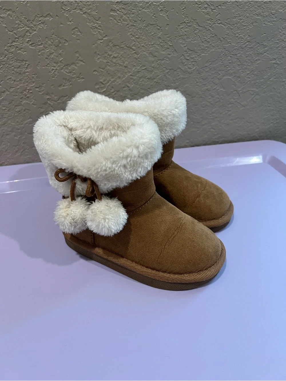 Toddler Faux-Suede Brown Booties with Cream Faux-Shearling Trim